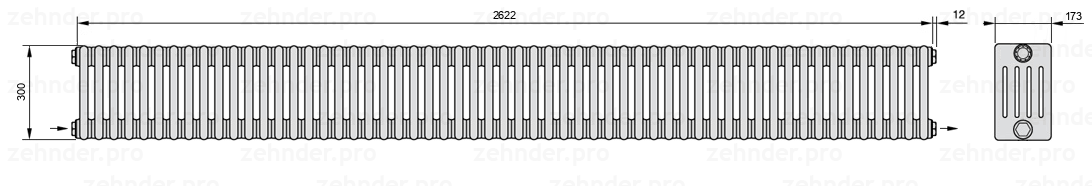 Схема (чертеж) Радиатор Zehnder Charleston 5030/57 №2670 Белый глянцевый RAL 9016